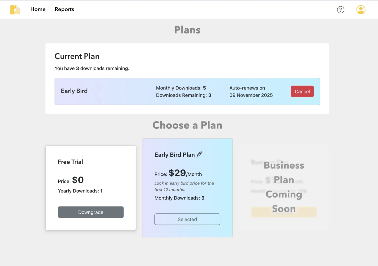 Reporto subscription plans screen, showing the current plan and the options to upgrade