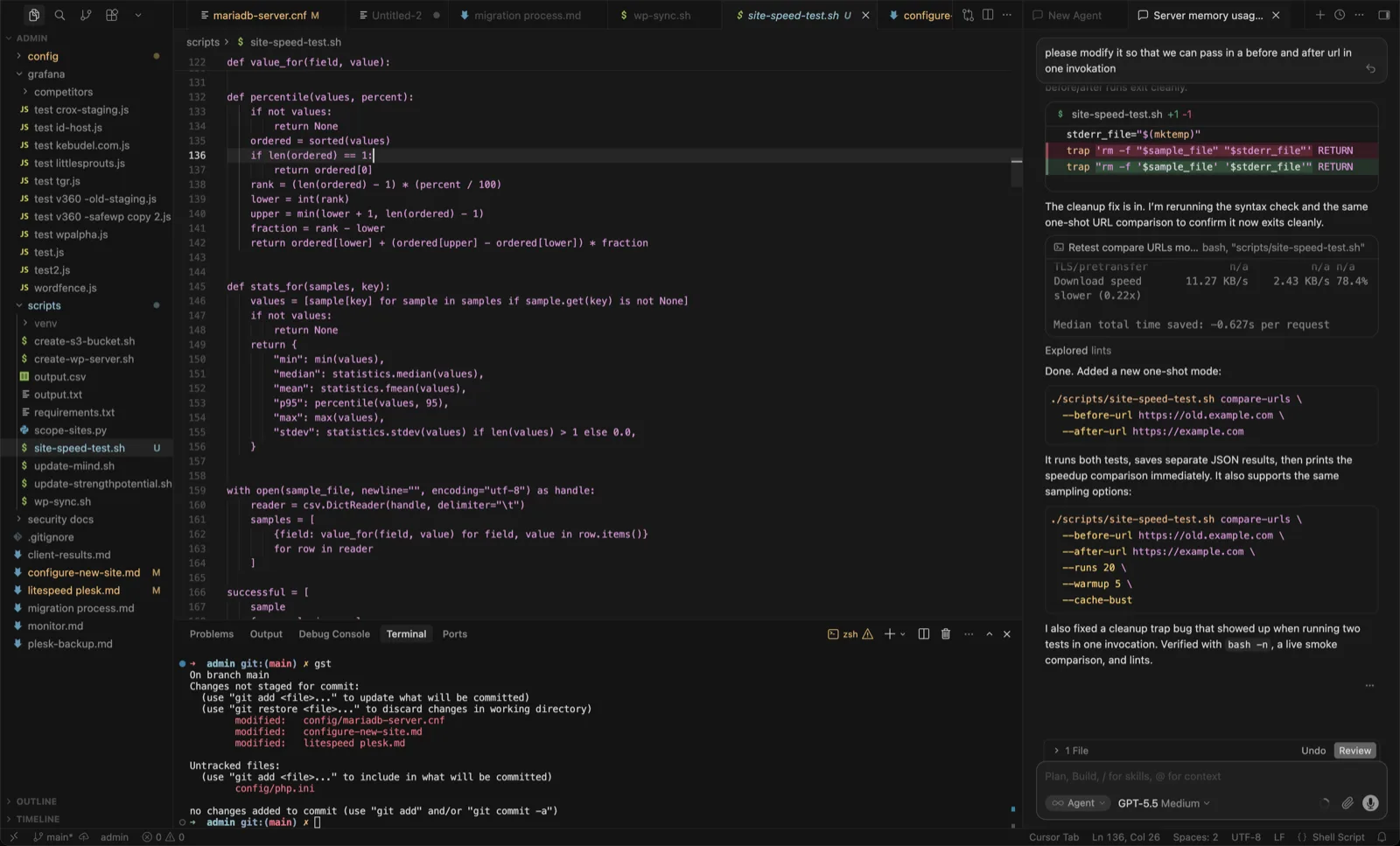The Cursor editor, with its AI chat panel open beside a file of code