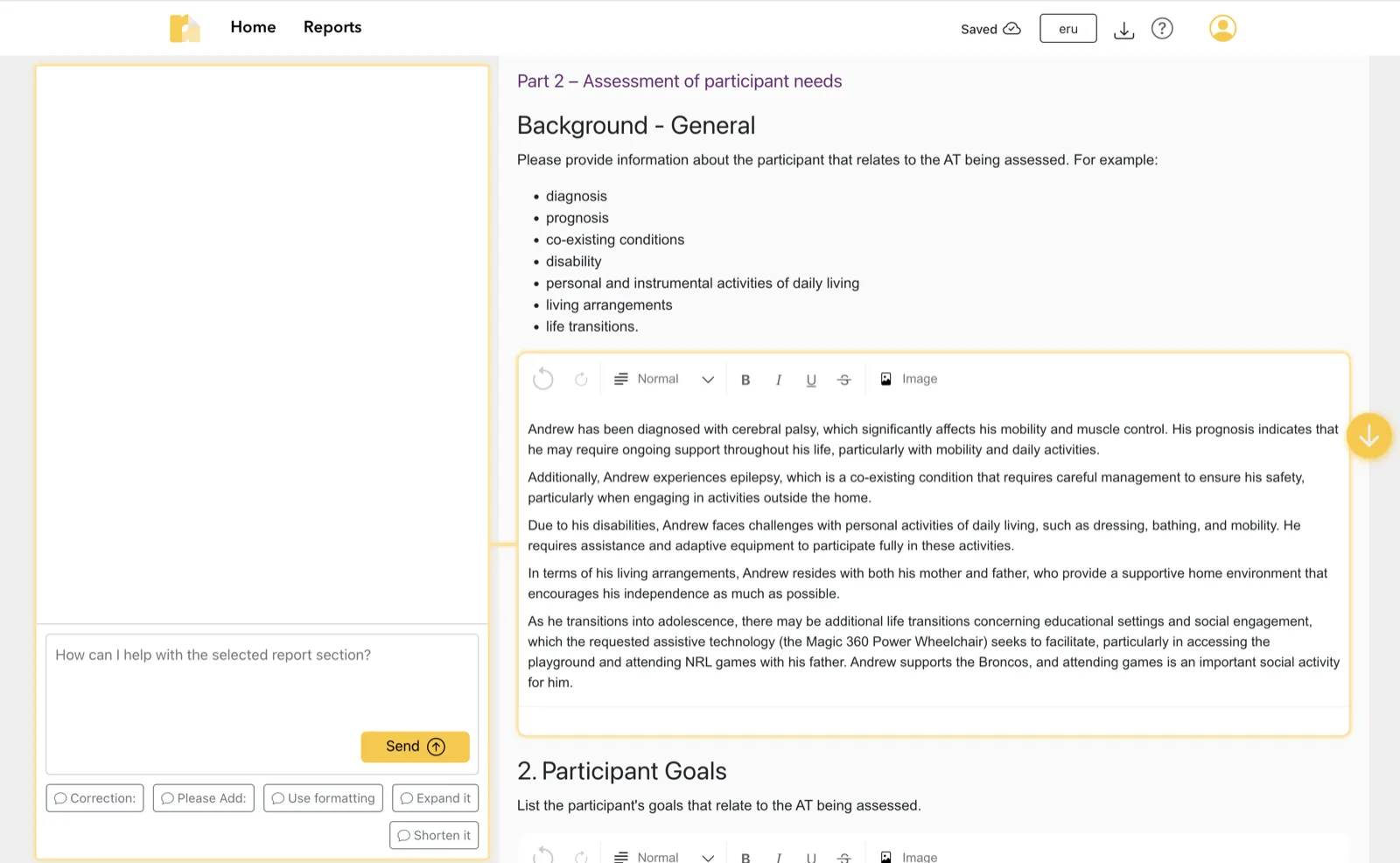 Reporto report editor, with the AI assistant drafting a participant background section beside the therapist notes