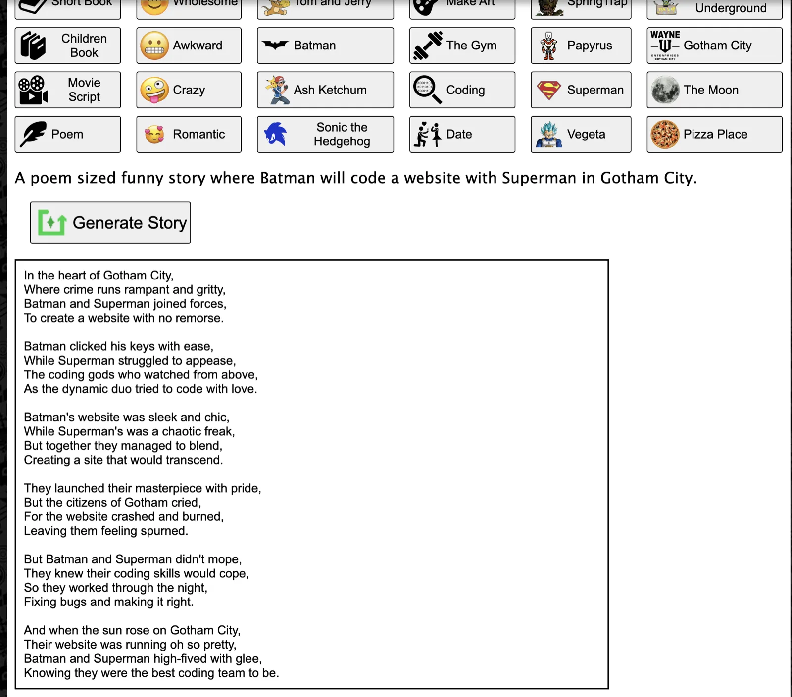 The Story Generator website, with story options chosen and a generated poem about Batman and Superman