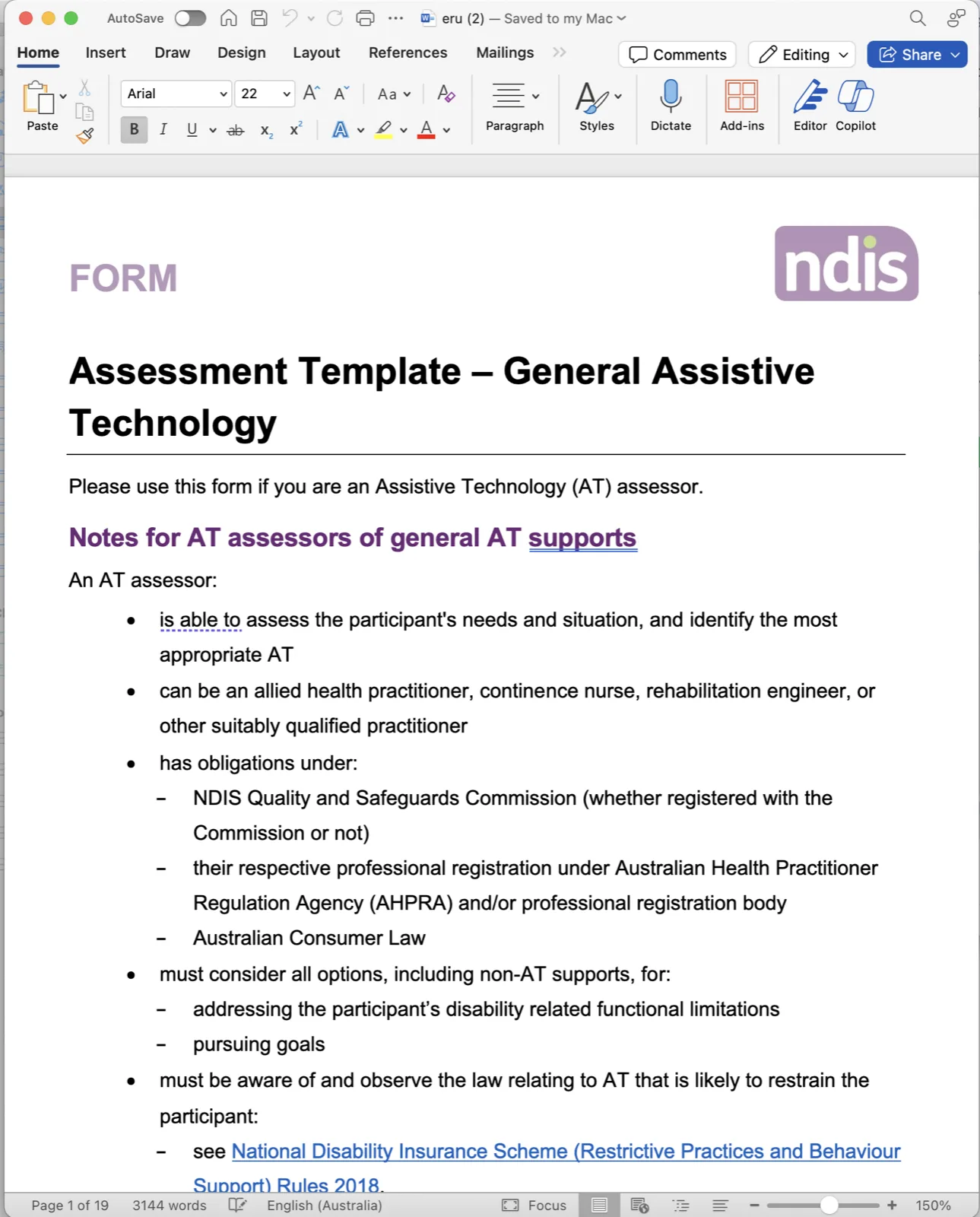 A finished report exported to Microsoft Word as an editable NDIS assessment template