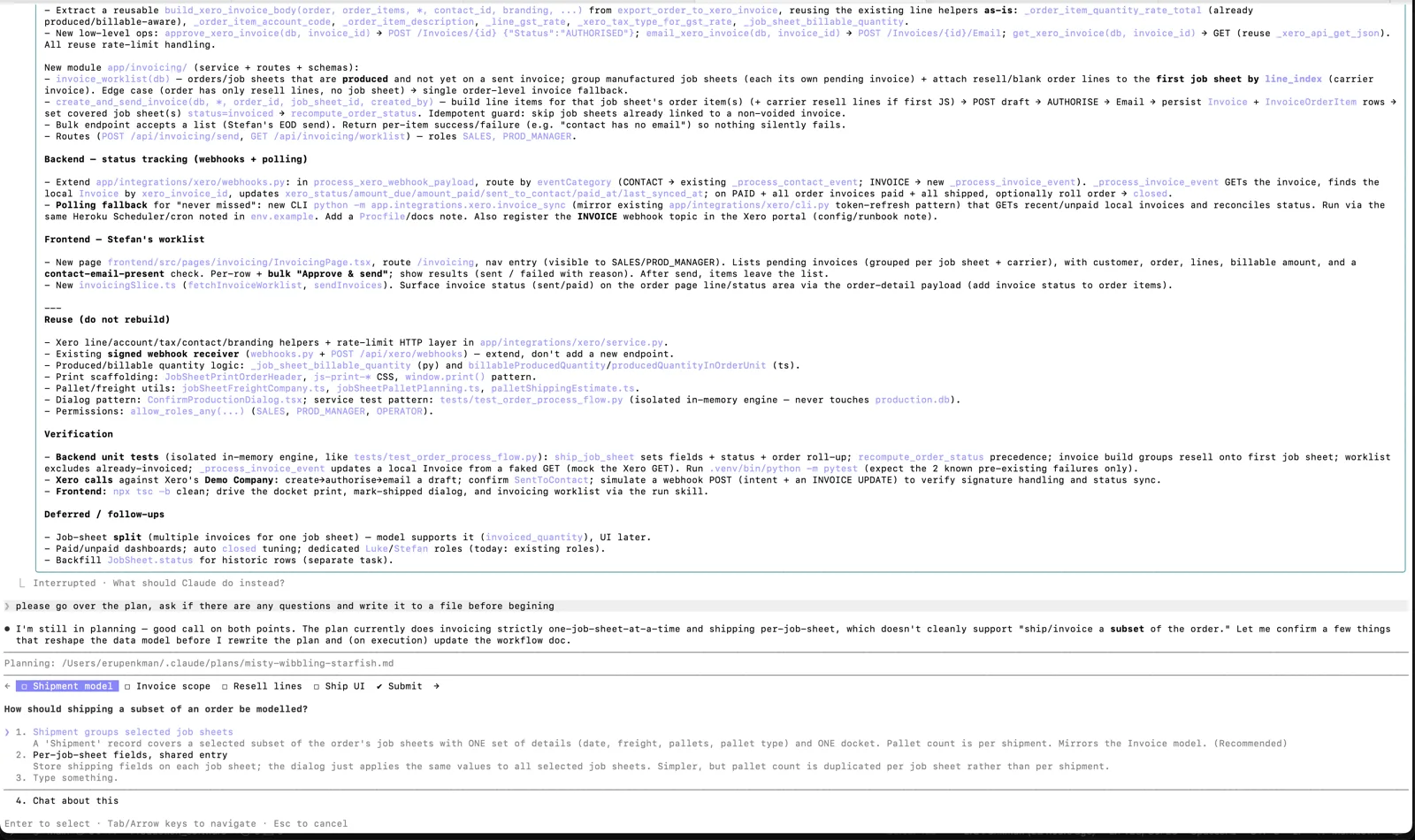 Claude Code running in a terminal, reporting back on a multi-file change