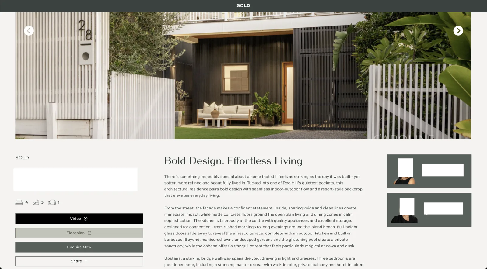 A real estate listing page for a sold property, with photo gallery, description and enquiry buttons