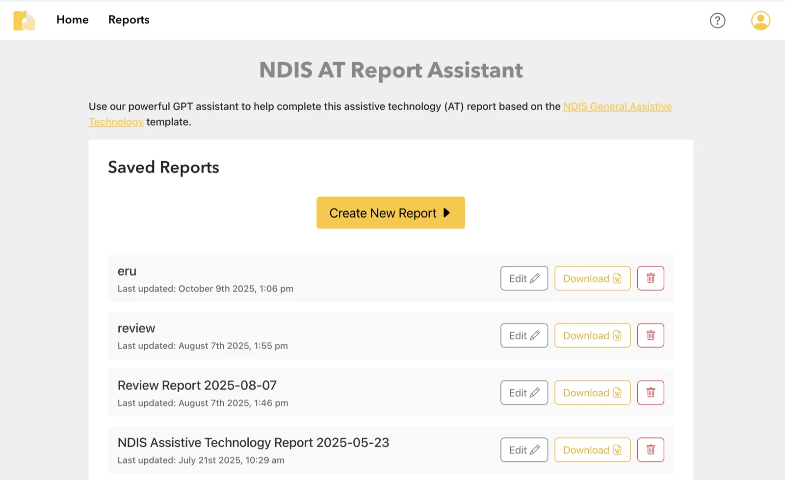 Reporto saved reports list, with buttons to create, edit and download each report