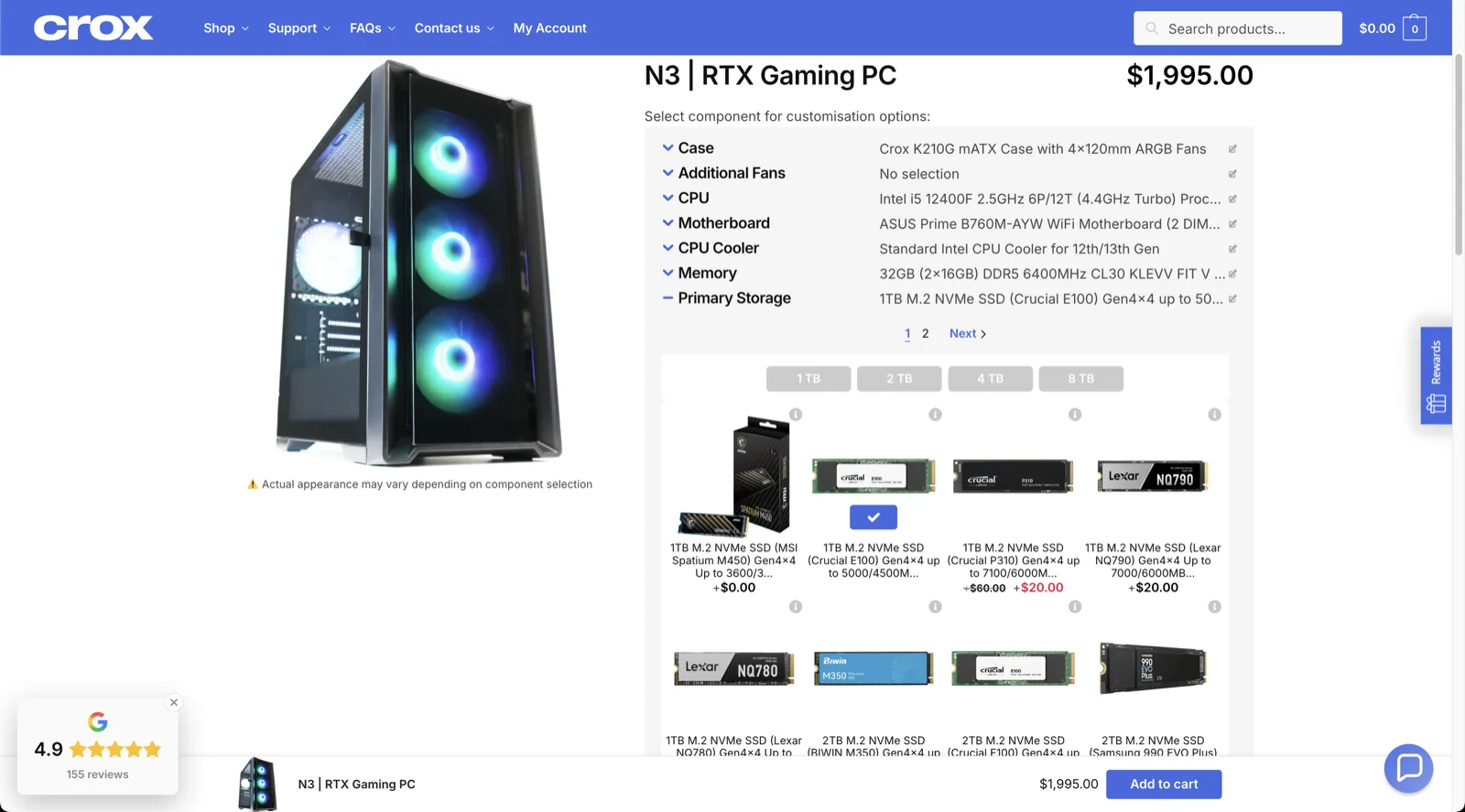 The Crox custom PC builder, configuring an RTX gaming PC from a long list of component options